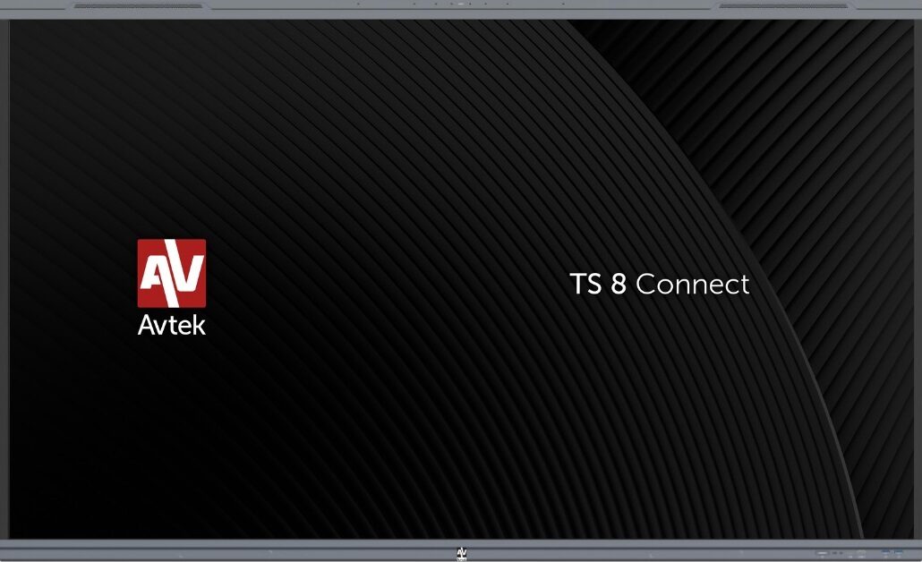 Monitor interaktywny Avtek TS 8 Connect 86 cali – widok z przodu, ekran z logo Avtek i napisem TS 8 Connect