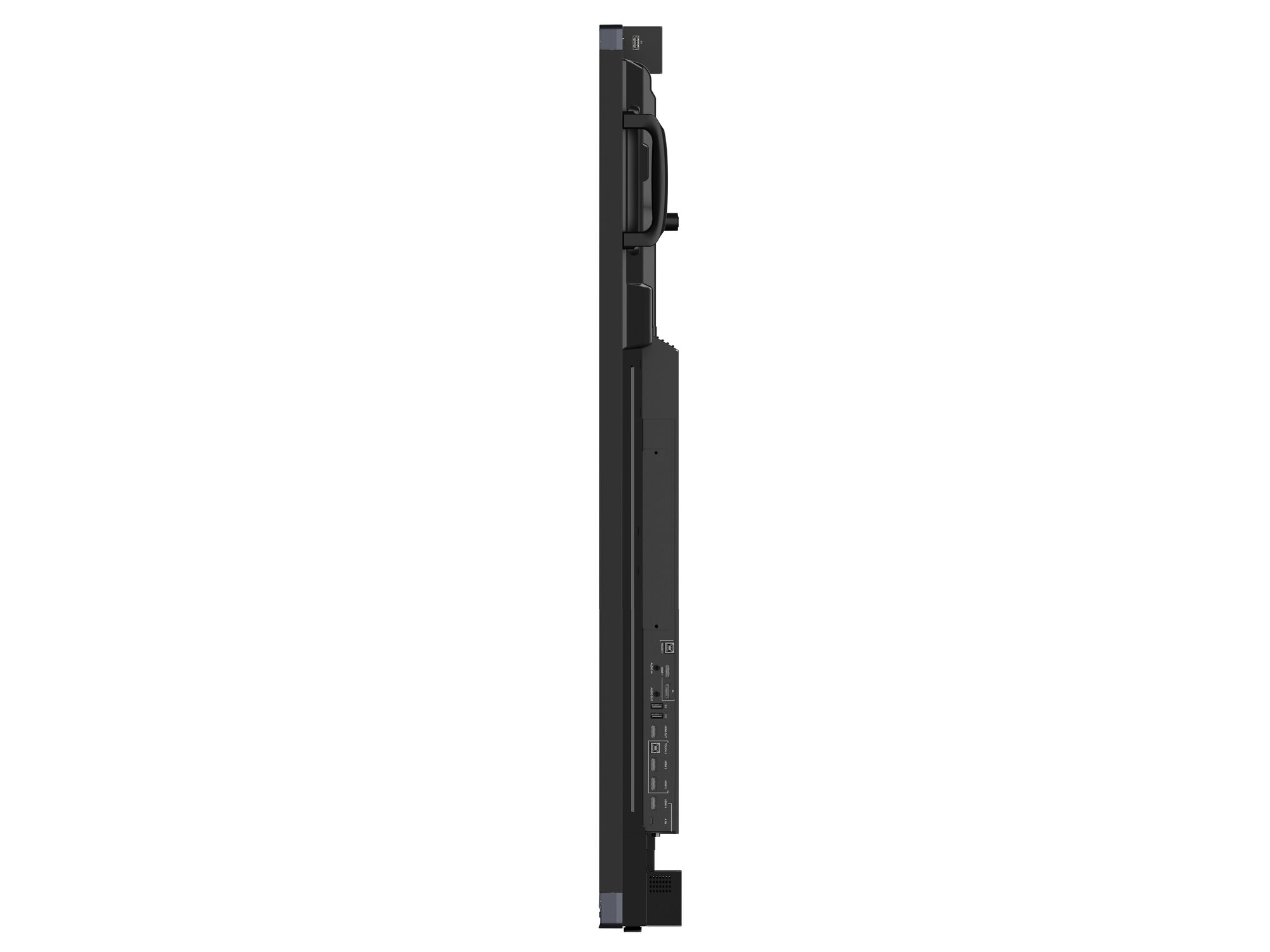 Monitor interaktywny Avtek TS 8 Connect 92 cale – profil boczny z uchwytem transportowym i panelem złączy HDMI, USB i audio