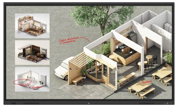 Monitor interaktywny LG CreateBoard TR3DQ - widok z przodu, na ekranie projekt architektoniczny
