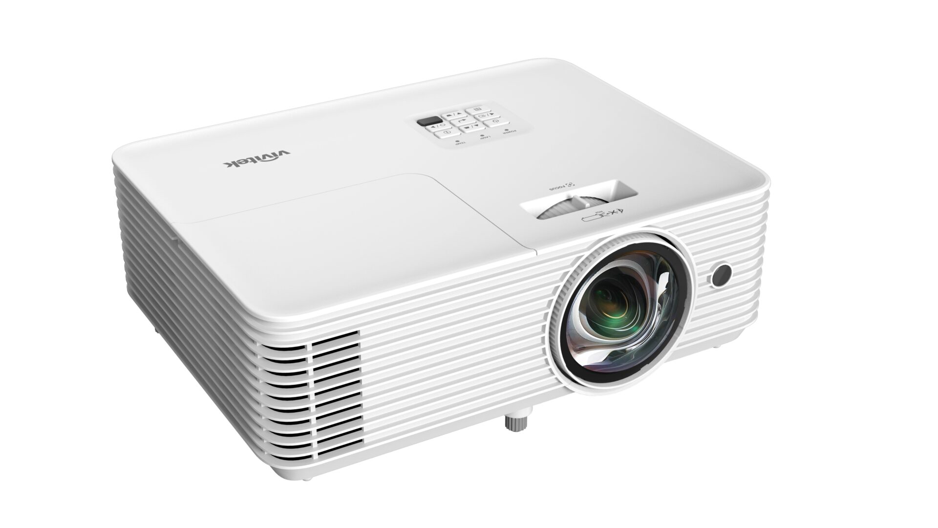 Projektor Vivitek DW355ST pod kątem z prawej strony, widoczny obiektyw