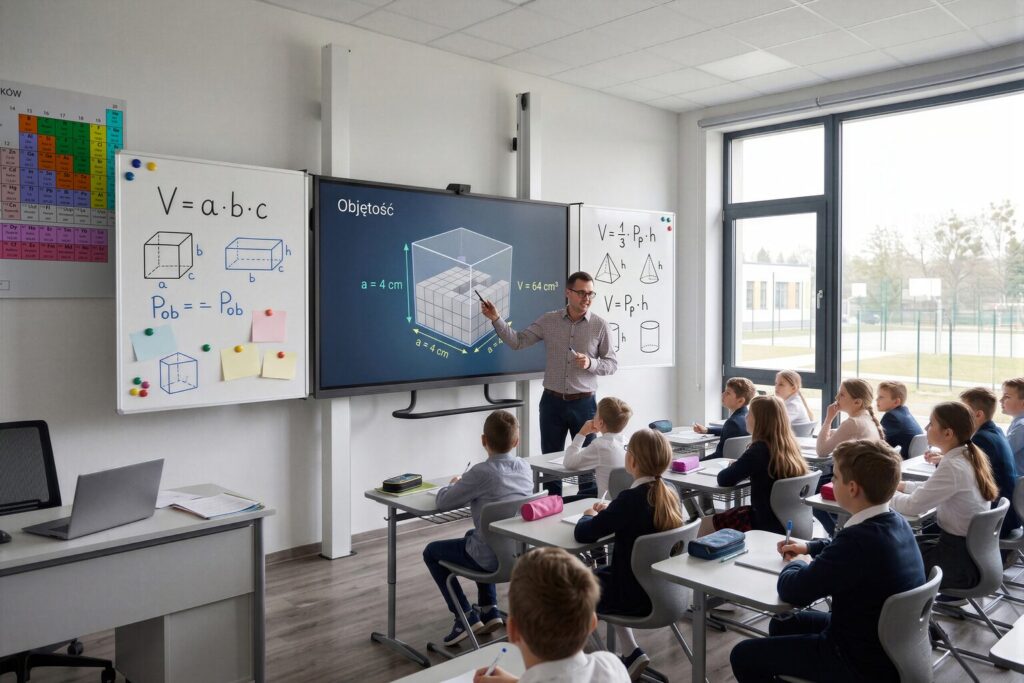 Monitor interaktywny z VAT 0% w sali lekcyjnej — nauczyciel prowadzi lekcję matematyki przy monitorze