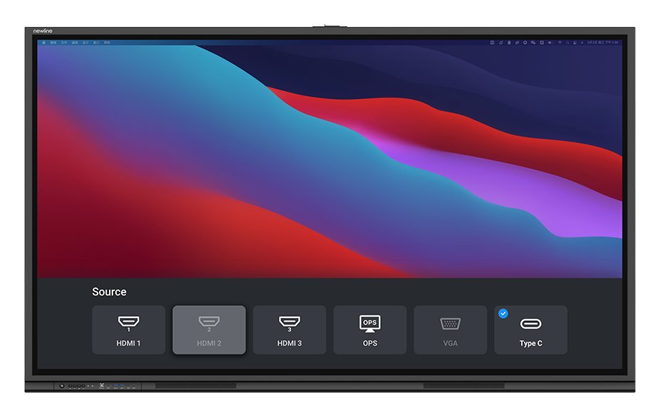 Menu wyboru źródła obrazu na monitorze interaktywnym Newline TT-6523C