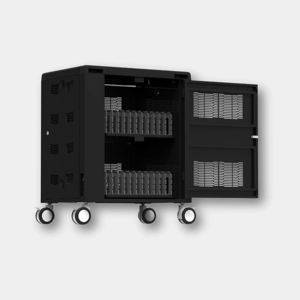 Szafa do ładowania 24 laptopów Formcase TransformerCart T24X AC z laptopami w przegrodach