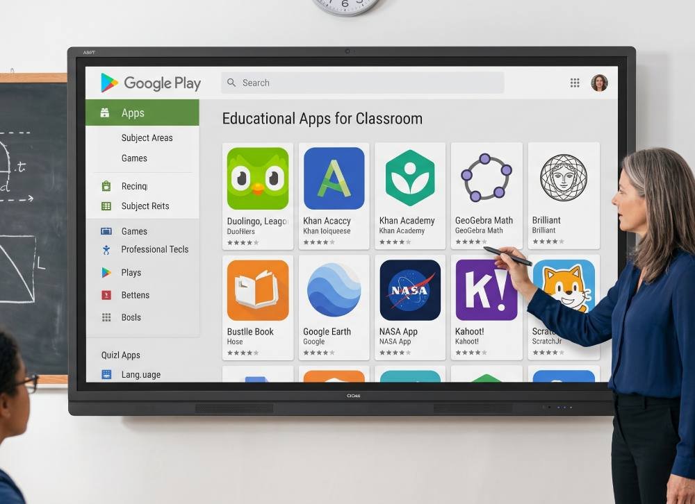 Sklep Google Play z aplikacjami edukacyjnymi na monitorze Innex EU75 Lite