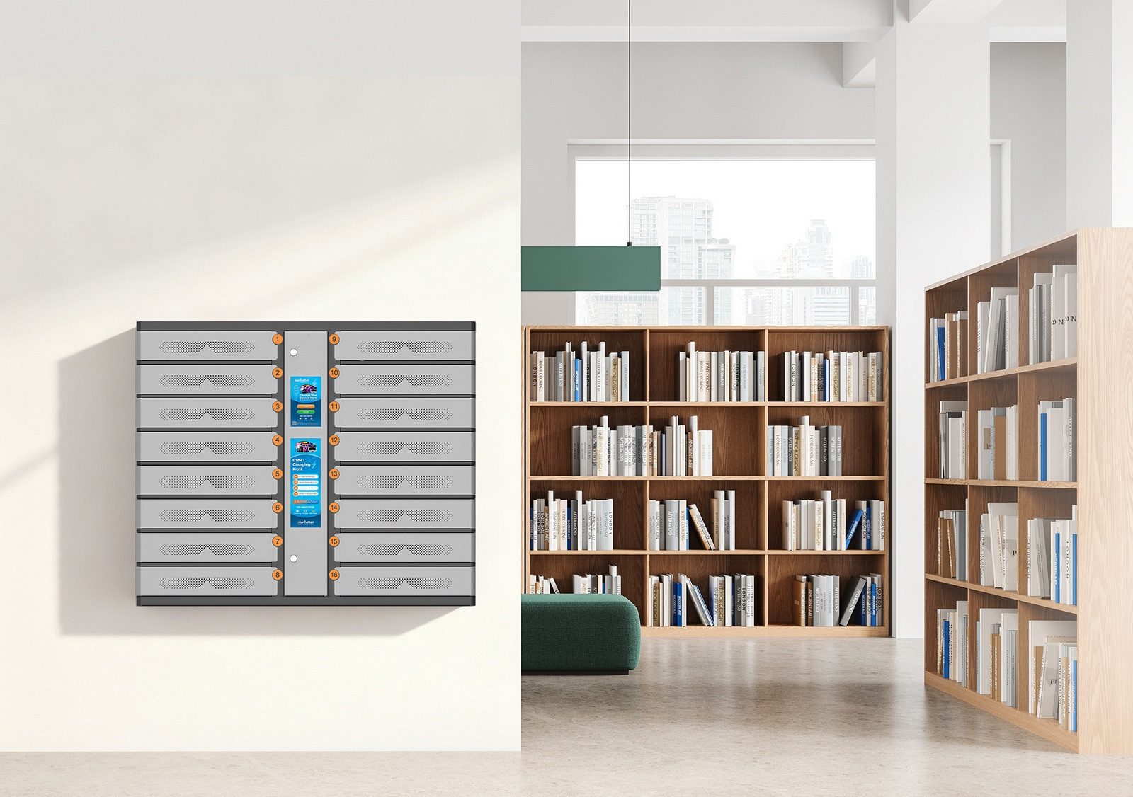 Szafa skrytkowa Manhattan 181327 na ścianie w bibliotece