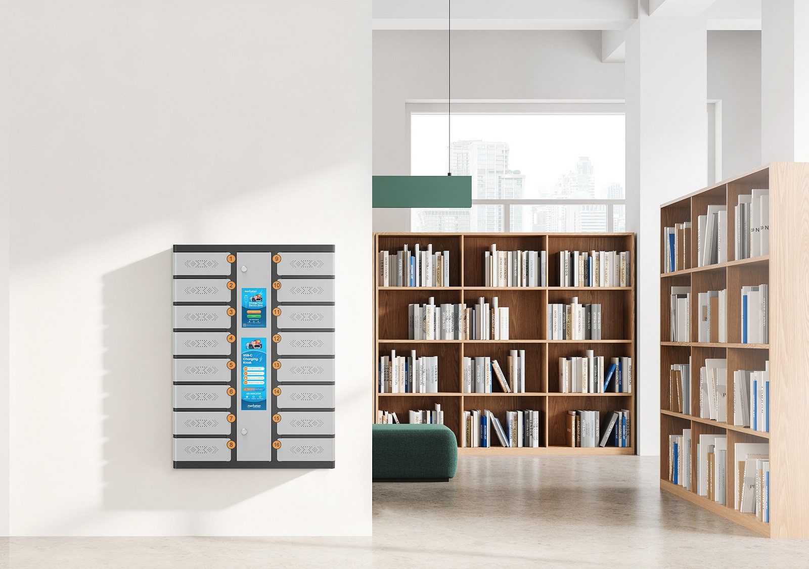 Szafa skrytkowa Manhattan 181334 na ścianie w bibliotece