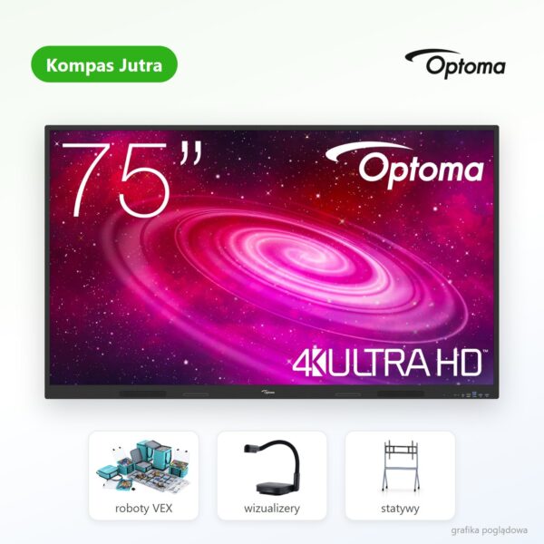Zestaw Kompas Jutra Optoma — monitor interaktywny, roboty VEX, wizualizer i statyw (grafika poglądowa)